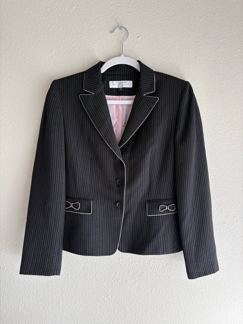 Tahari Aurthur S. Lavine Petite Black Pink Pinstripe Blazer y2k bows coquette